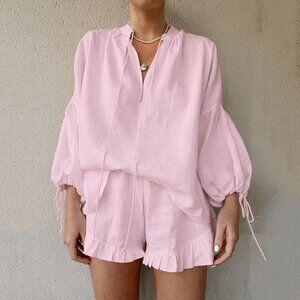 Lily Clothing Solid color V-neck top shorts set 100% cotton Pink